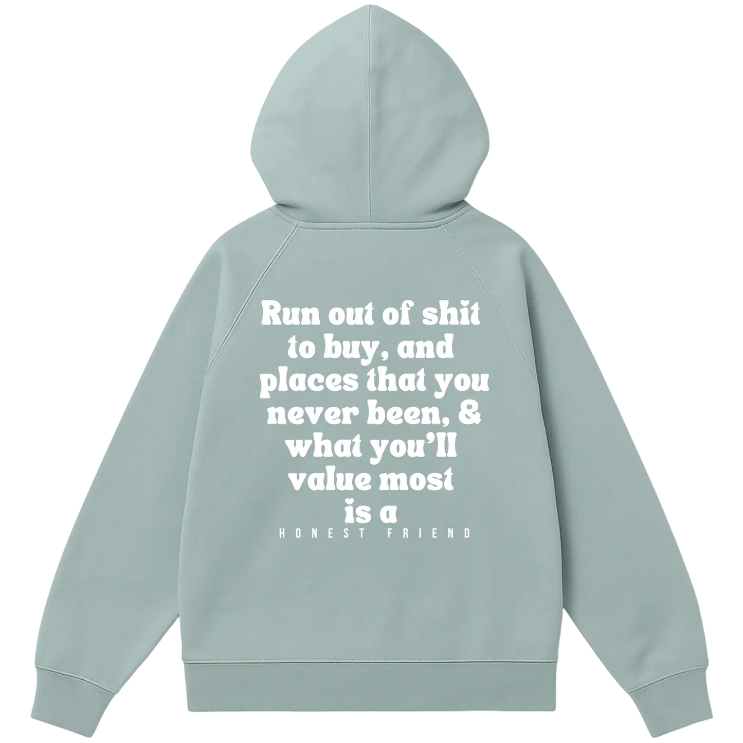 16.5 oz ultra heavyweight hoodie by Honest Friend Apparel. with minimal front logo and bold 3D puff hand-printed back design.