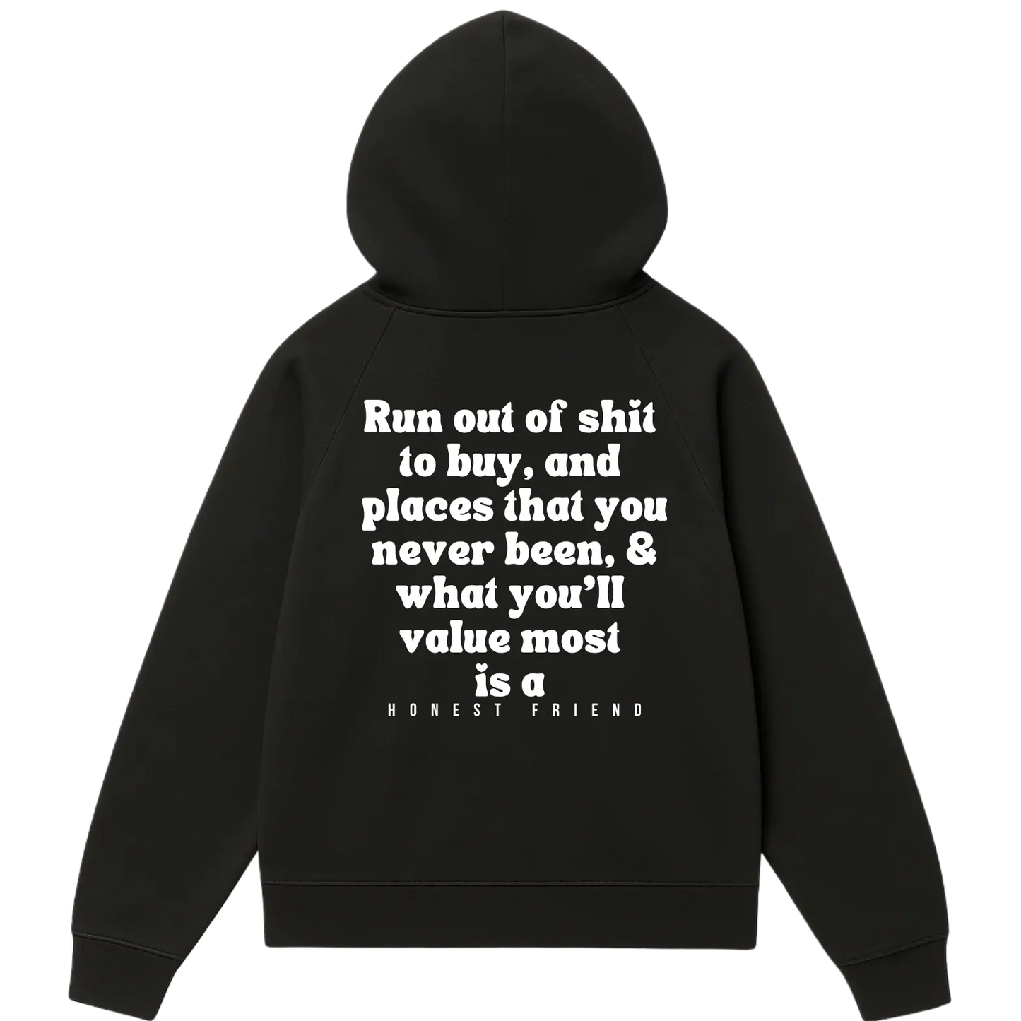 16.5 oz ultra heavyweight hoodie by Honest Friend Apparel. with minimal front logo and bold 3D puff hand-printed back design.