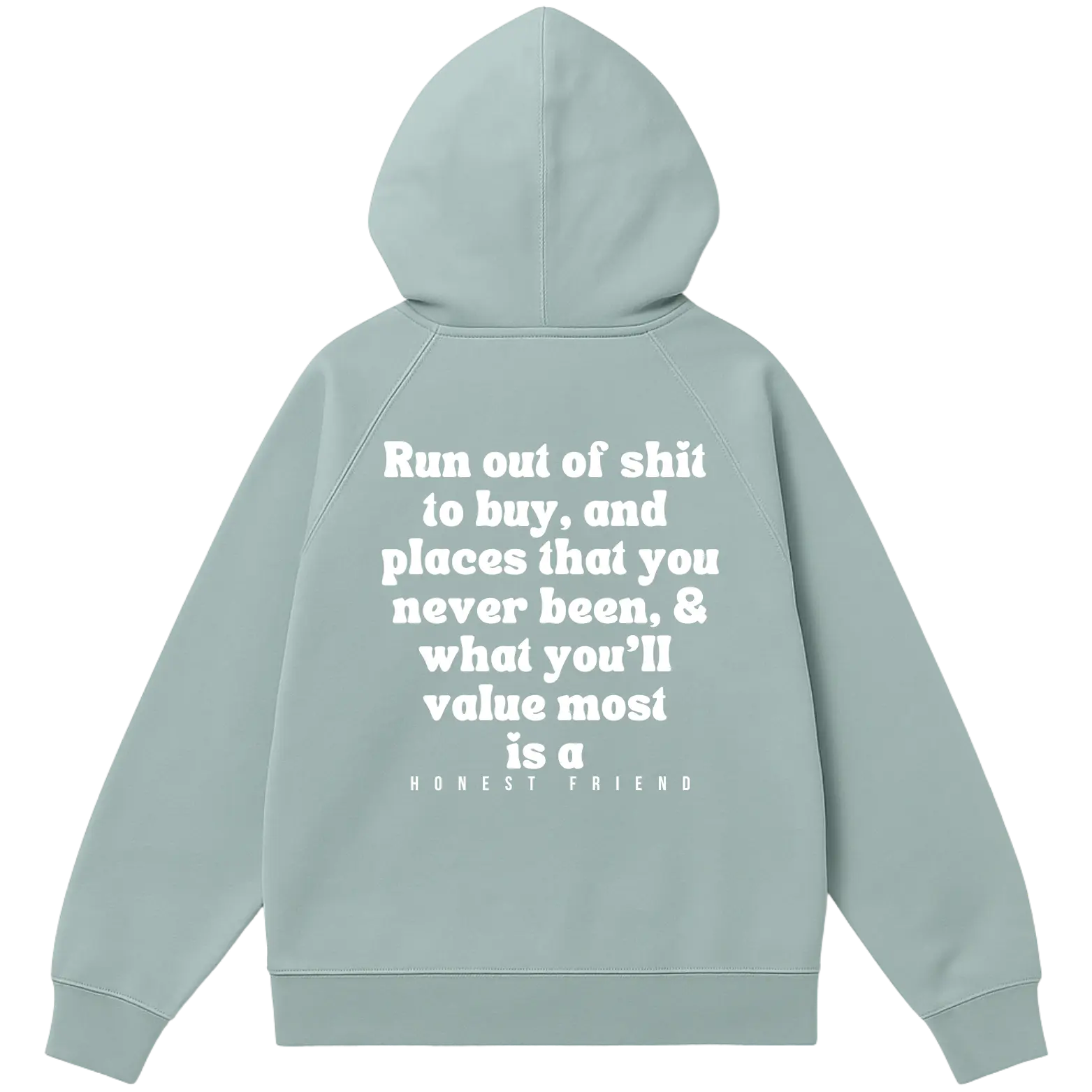 16.5 oz ultra heavyweight hoodie by Honest Friend Apparel. with minimal front logo and bold 3D puff hand-printed back design.