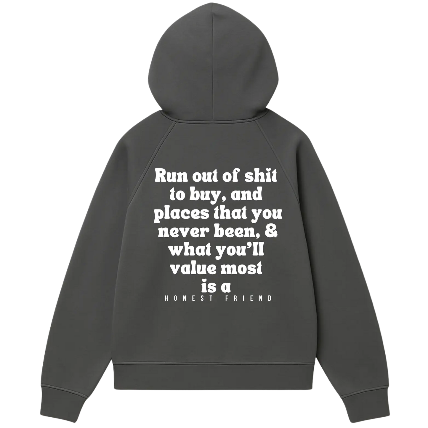 16.5 oz ultra heavyweight hoodie by Honest Friend Apparel. with minimal front logo and bold 3D puff hand-printed back design.