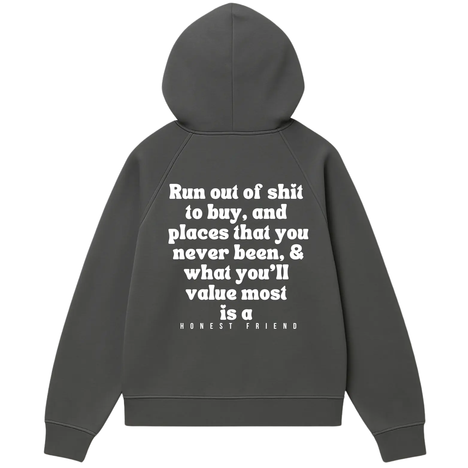 16.5 oz ultra heavyweight hoodie by Honest Friend Apparel. with minimal front logo and bold 3D puff hand-printed back design.