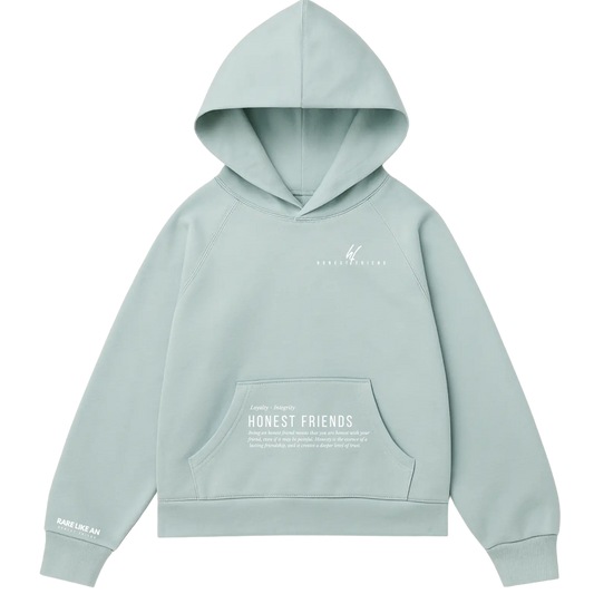 16.5 oz ultra heavyweight hoodie by Honest Friend Apparel. with minimal front logo and bold 3D puff hand-printed back design.
