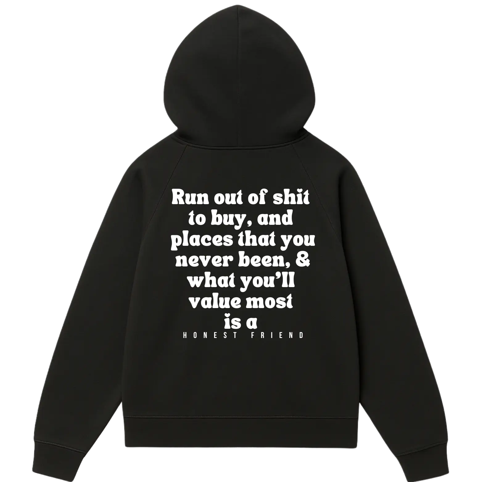 16.5 oz ultra heavyweight hoodie by Honest Friend Apparel. with minimal front logo and bold 3D puff hand-printed back design.